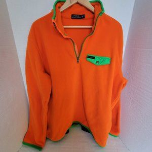 Polo Ralph Lauren Mens Orange Green 1/3 Zip Sweater Fleece Pullover Snap Pock XL